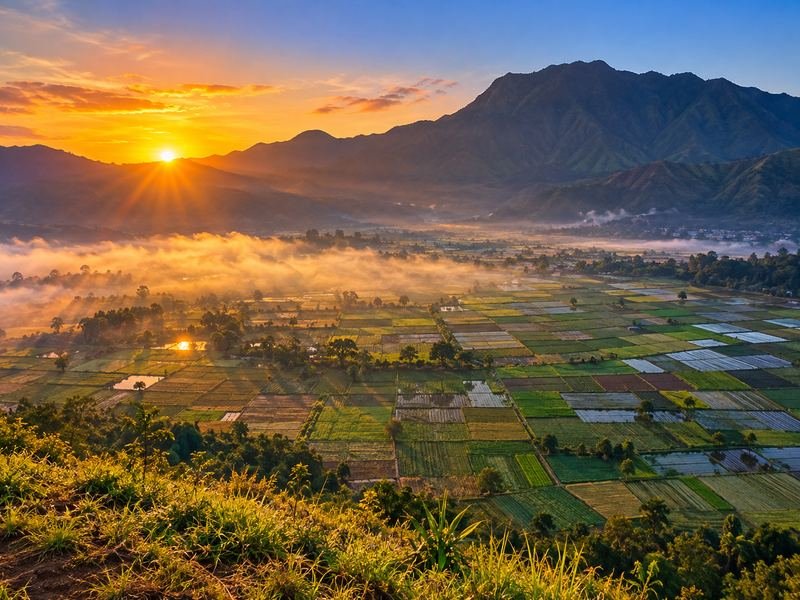 Early morning view across the patchwork fields below Bukit Selong