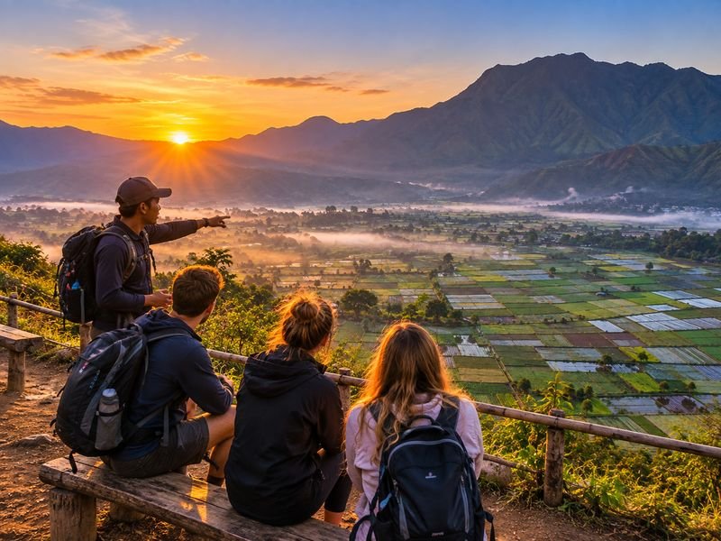 Local guide enjoying the Bukit Selong viewpoint with travelers