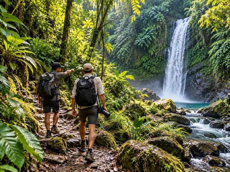 Local guide walking with photographer on a Lombok waterfall trail