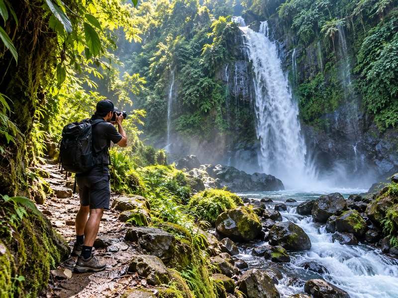 Photographer beside a waterfall trail near Sembalun Lombok