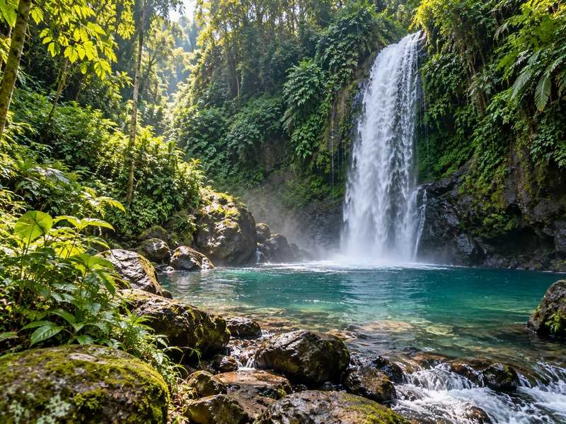Quiet waterfall surrounded by tropical forest in Lombok