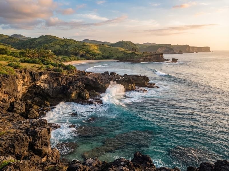 Rocky coastline near Mawi Beach in South Lombok