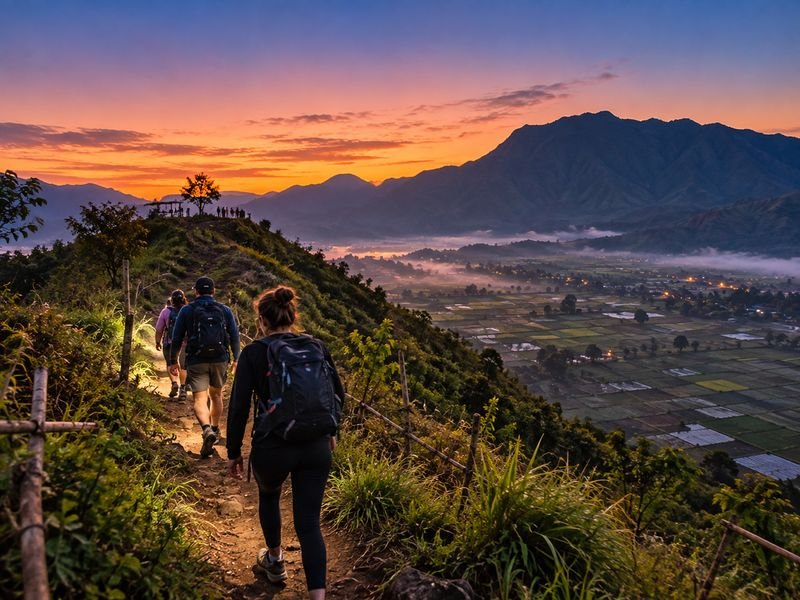 Travelers walking up Bukit Selong before sunrise in Sembalun
