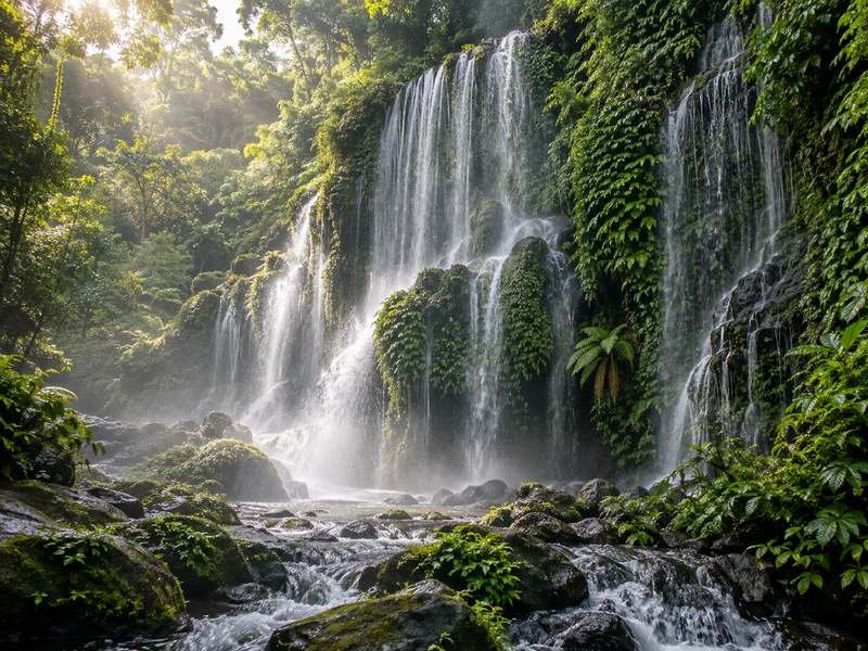 Natural light falling across Benang Kelambu waterfall and wet forest
