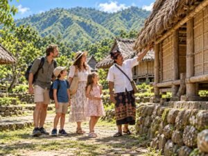 children exploring traditional Sasak houses in Sembalun