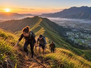 hikers climbing steep anak dara hill trail at sunrise