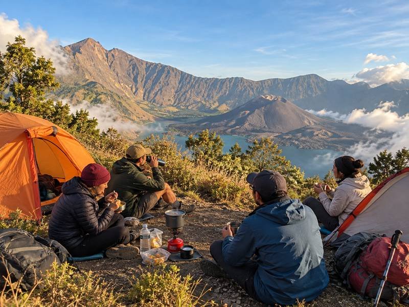 hikers resting at mount rinjani crater rim campsite
