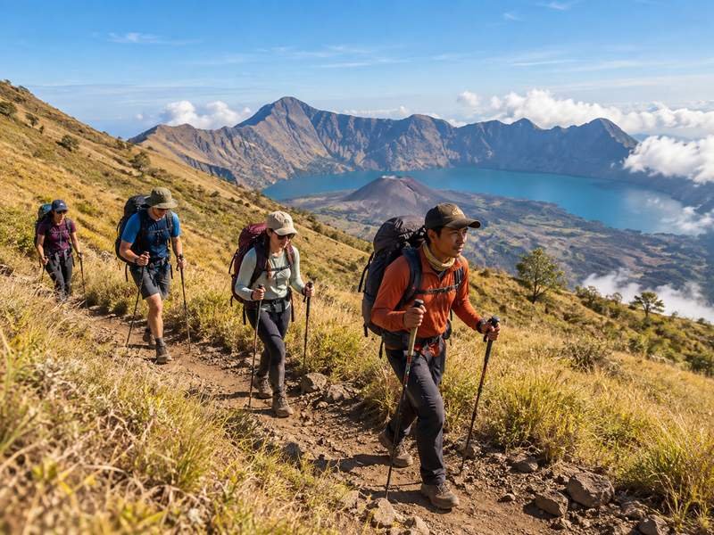 hikers walking steadily on mount rinjani trail