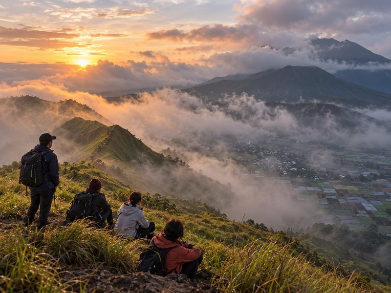 hikers watching cloudy sunrise on anak dara hill sembalun