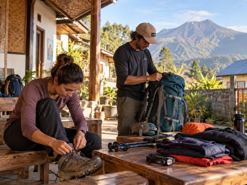 preparing hiking gear before the rinjani trek
