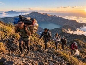 rinjani porter and hikers on mountain trail