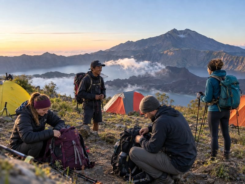 Hikers preparing for a Rinjani summit trekking day