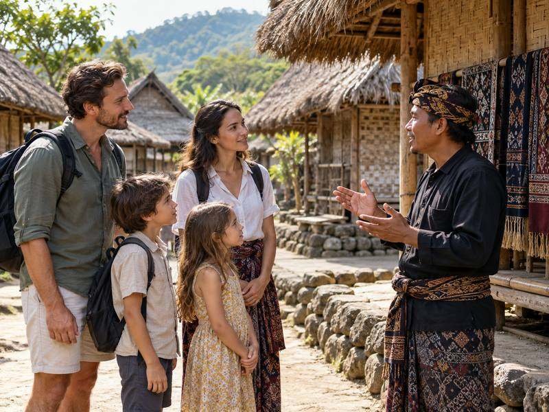 family learning Sasak village Lombok cultural etiquette with a local guide