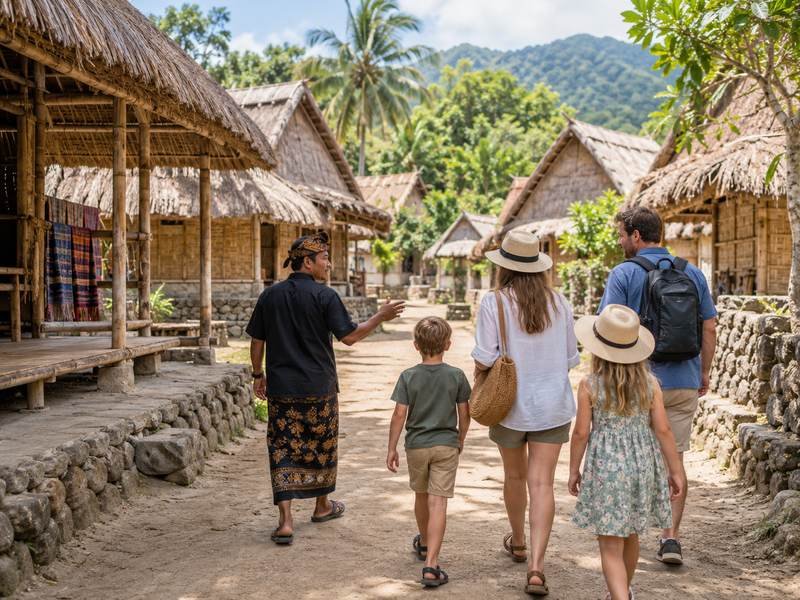 family visiting a Sasak village Lombok from Senggigi with a private local guide