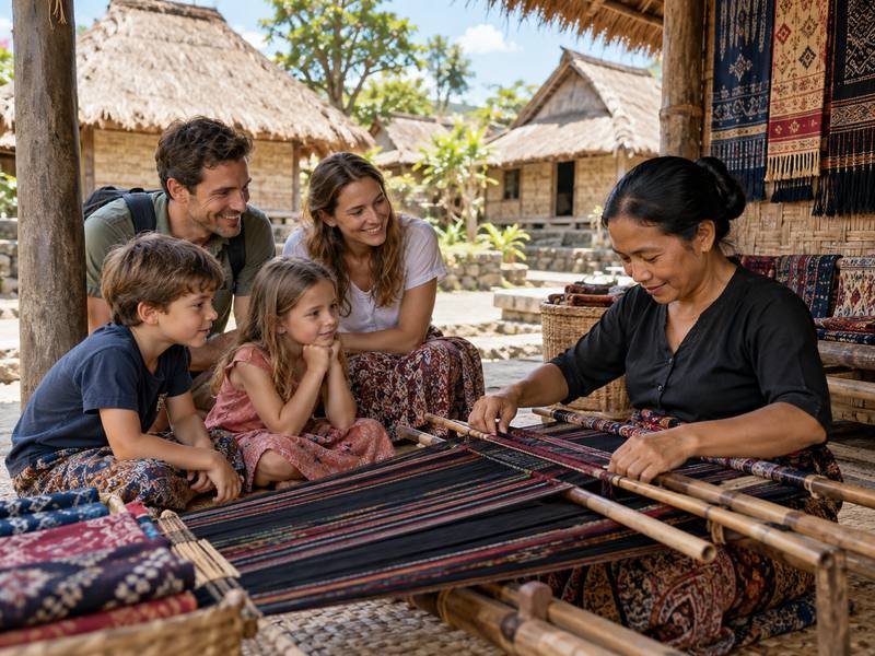Sasak village Lombok local experience with children watching traditional weaving
