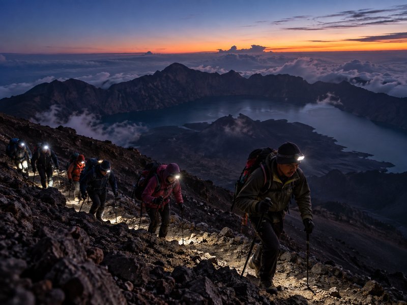summit climb on mount rinjani before sunrise
