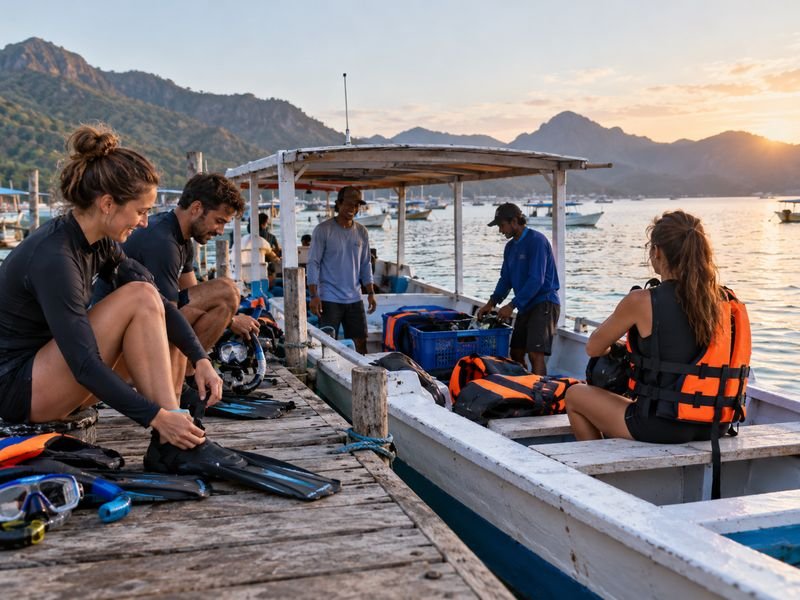 Travelers preparing for a whale shark boat trip in Sumbawa