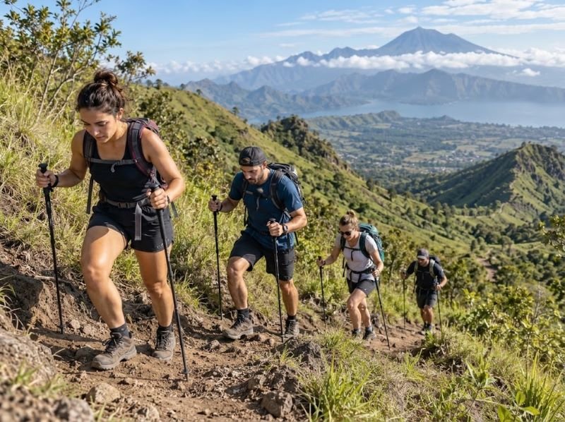 Beginner hikers training for steep trails before a Mount Rinjani trek