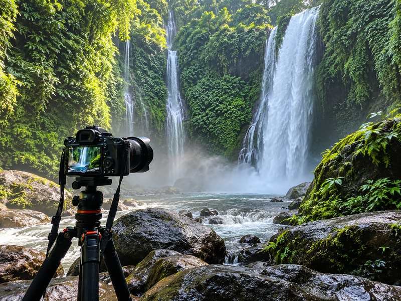 Camera setup beside Tiu Kelep waterfall in North Lombok
