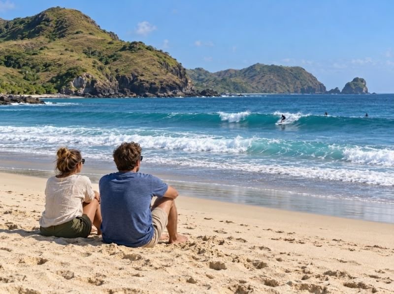 Couple watching surfers from dry sand at Mawi Beach Lombok