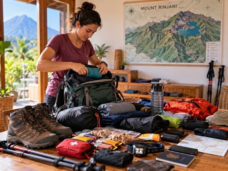 Essential hiking gear and daypack preparation for Mount Rinjani beginners