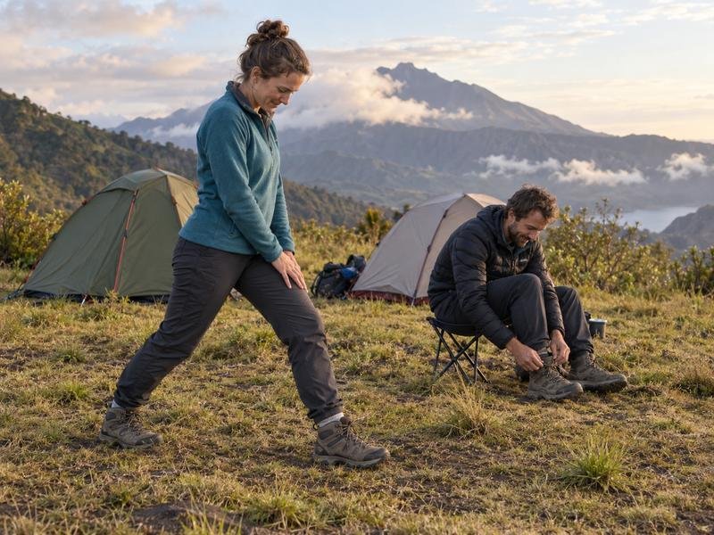 Morning leg stretches at Rinjani camp
