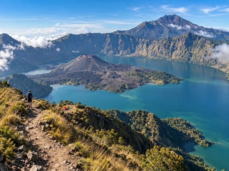 Mount Rinjani crater lake and volcanic summit views on a multi day trek