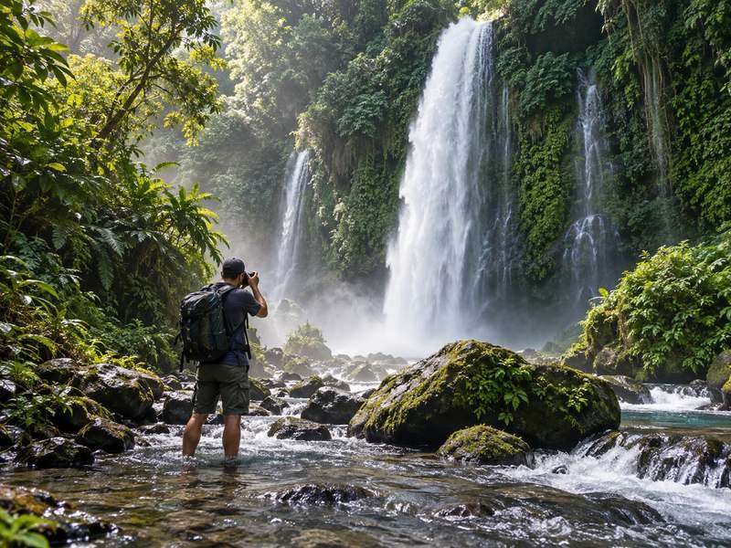 Photographer capturing Sendang Gile waterfall in Senaru