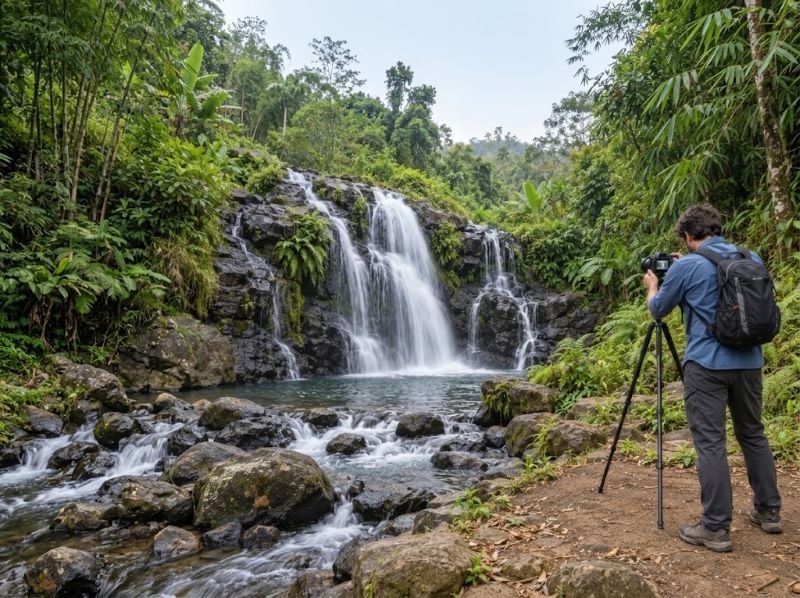 Photographer capturing flowing water from a dry position beside a Tetebatu waterfall