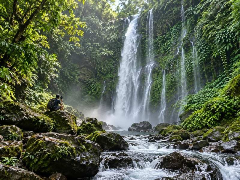 Quiet waterfall photography scene in Senaru Lombok
