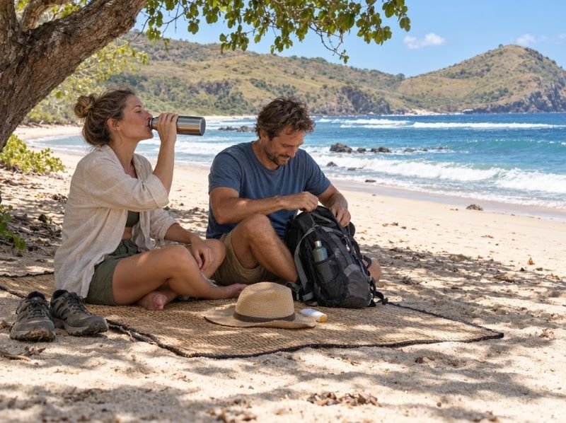 Travelers prepare drinking water and beach gear while resting in a shaded spot near Mawi Beach.