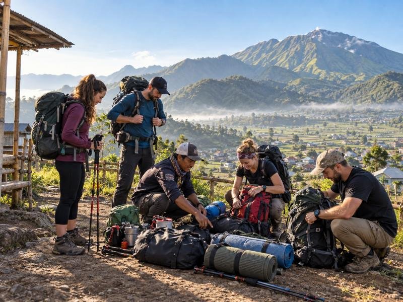 Travelers preparing camping gear before trekking near Sembalun