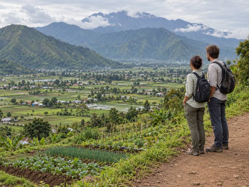 Couple looking across farmland and mountain slopes in Sembalun