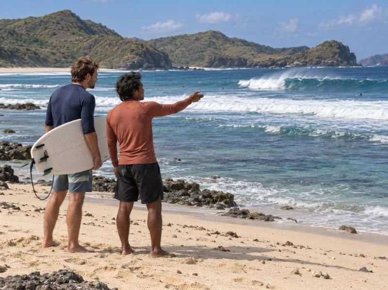 observes the waves from the beach before deciding to enter the water